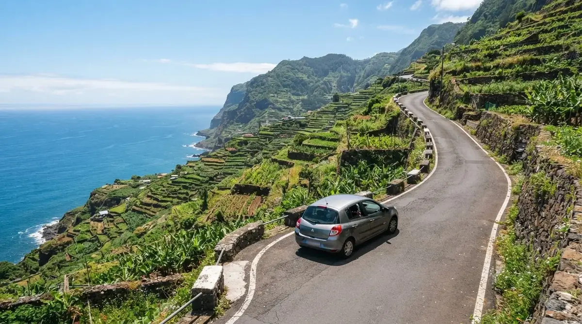 A small hire car on a steep narrow road in Madeira with green terraced hillsides and the ocean below